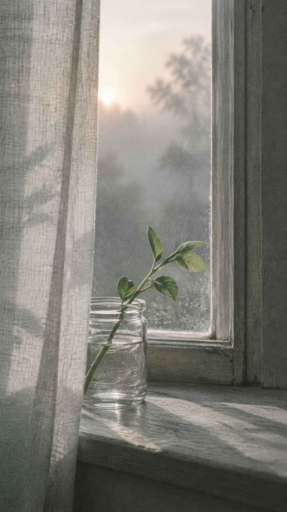 Morning light through linen curtains beside a glass and green stem