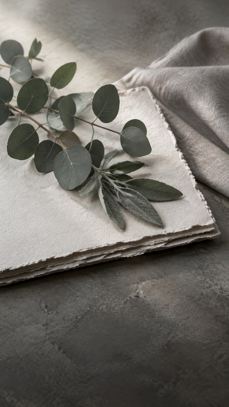 Eucalyptus and soft linen resting on handmade paper